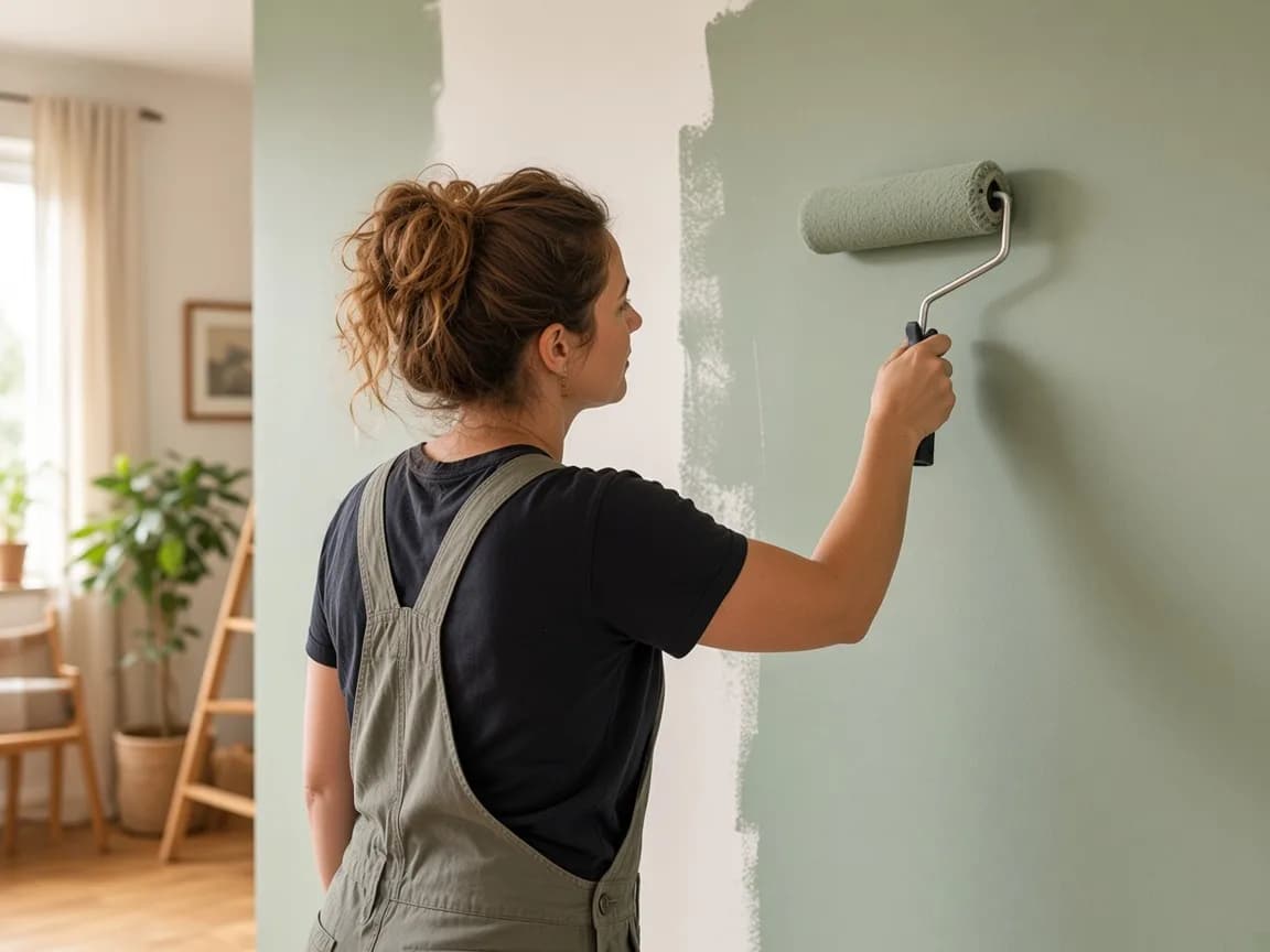 Person painting a light green wall
